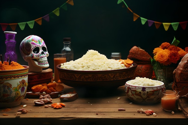 Autel du Jour des morts avec des fleurs et des aliments de crâne en sucre Tête de squelette Bannière du festival mexicain