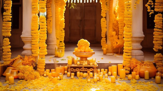 Photo un autel jaune décoré de bougies et de fleurs