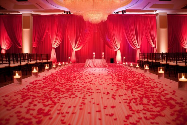 L'autel de mariage décoré d'épines roses et rouges