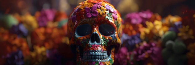 Autel traditionnel Dia de Muertos avec crâne vibrant et accents floraux Generative AI