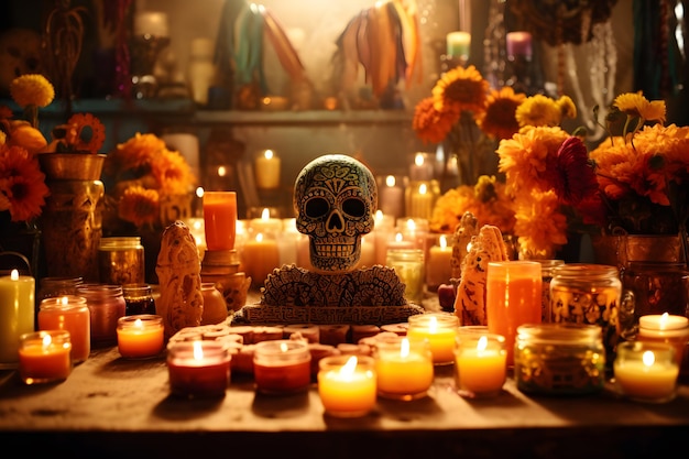 Autel traditionnel du jour des morts avec bougies et offrandes