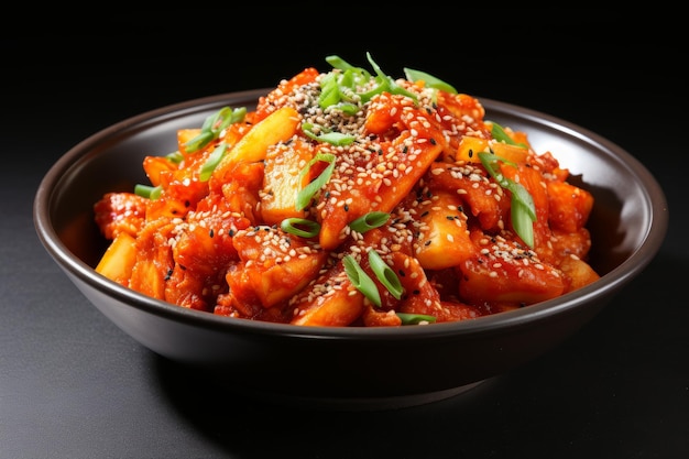 Photo authentique dakgalbi sud-coréen au poulet frit épicé mélangé avec des arômes traditionnels