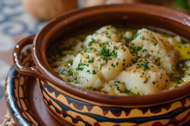 Authentique morue brésilienne salée servie dans une casserole à motifs folkloriques