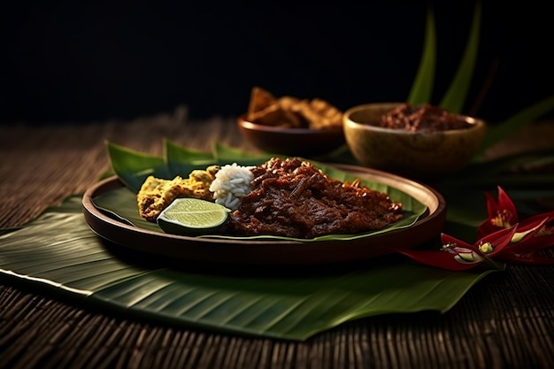 Authentique plat Rendang avec vue sur l'horizon de la plage tropicale