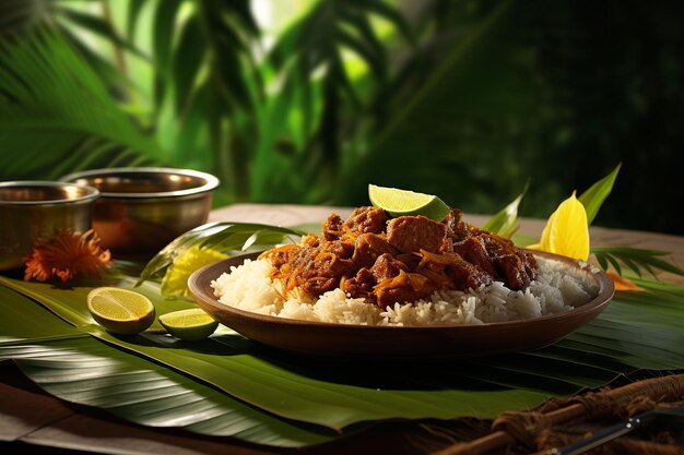 Authentique plat Rendang avec vue sur l'horizon de la plage tropicale