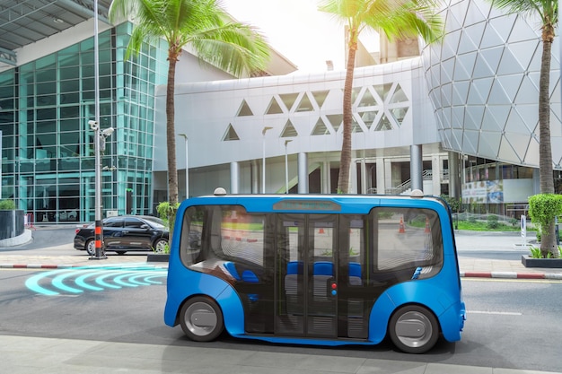 Autobus électrique autonome conduisant dans la rue Concept de technologie de véhicule intelligent rendu 3d