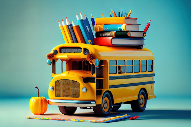 Autobus scolaire avec accessoires scolaires et livres Generative Ai