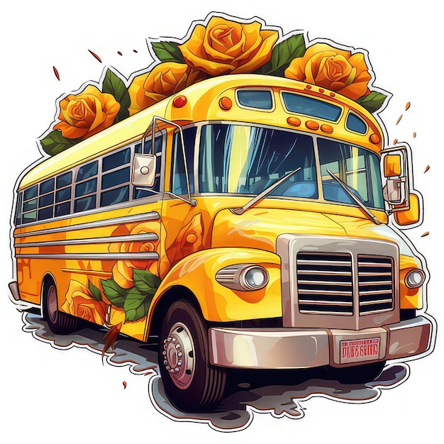 Autobus scolaire de peinture numérique avec des fleurs Generative Ai