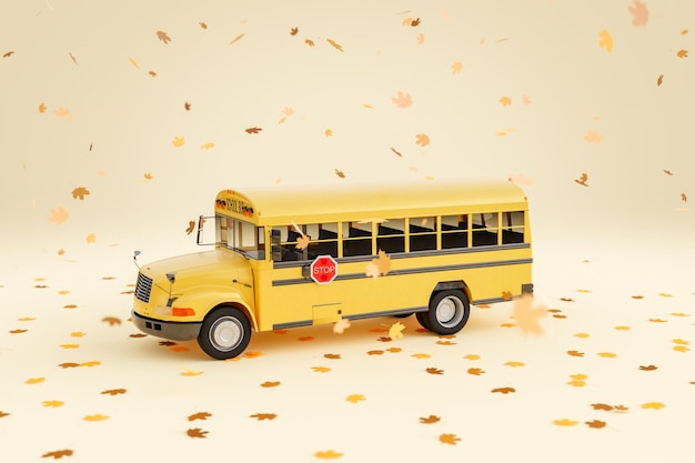 Autobus scolaire sous les feuilles d'automne qui tombent sur fond beige