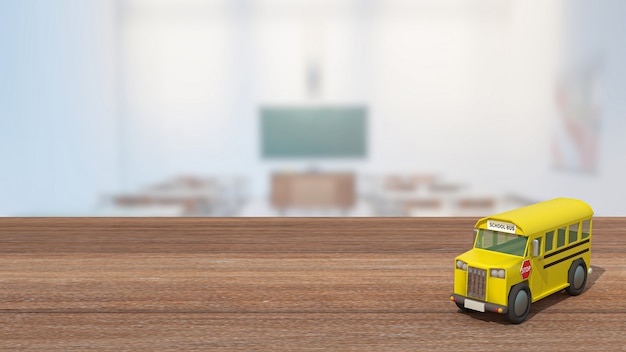 L'autobus scolaire sur table en bois dans la salle de classe pour la rentrée scolaire ou le concept d'éducation rendu 3d
