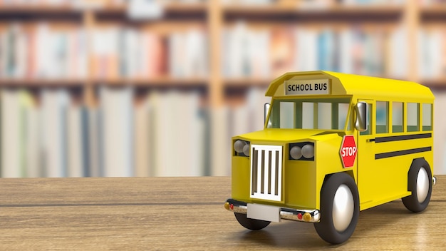 L'autobus scolaire sur table en bois pour l'éducation ou le concept de transport rendu 3dxA