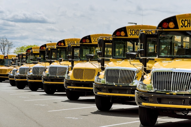 Autobus scolaires jaunes garés près du lycée