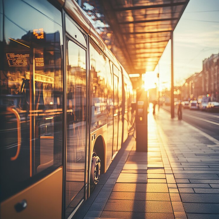 Photo autobus de transport public moderne au coucher du soleil avec embarquement des passagers