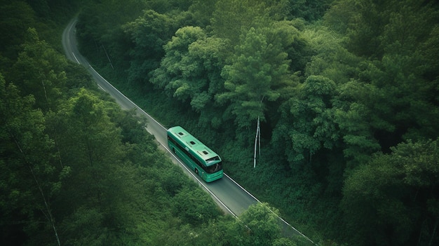 Autobus vert AI génératif sur l'autoroute forestière