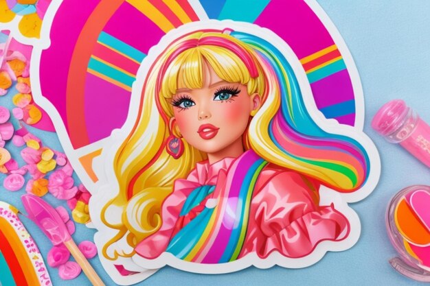 Un autocollant Barbie brillant avec un arc-en-ciel de couleurs et un motif ludique