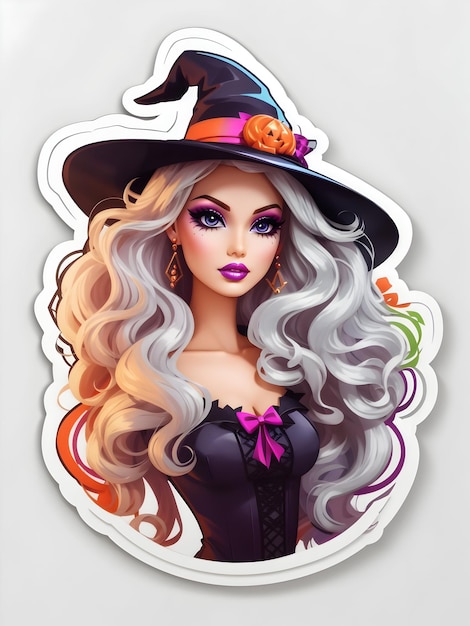 autocollant barbiefond blanc sorcière d'halloween beau look méchant remuercontourcolorévecto