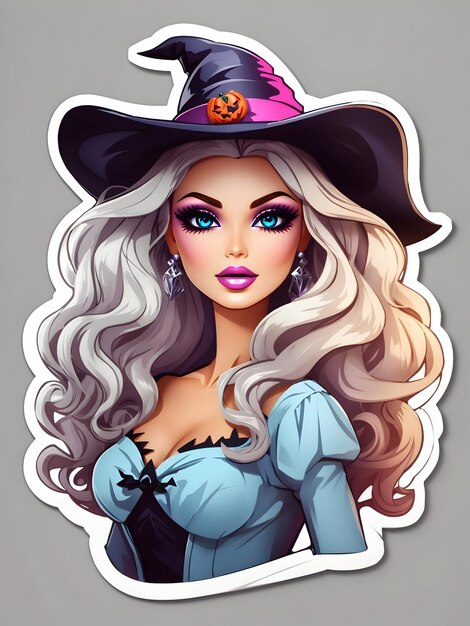 autocollant barbiefond blanc sorcière d'halloween beau look méchant remuercontourcolorévecto