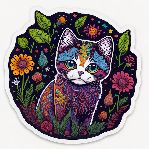 Un autocollant d'un chat avec un dessin de fleur dessus.