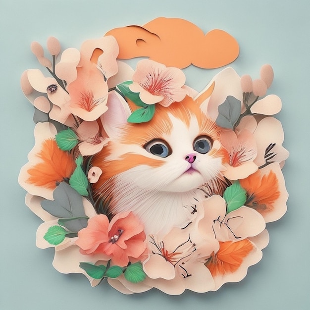 Un autocollant de chat une illustration détaillée une impression de vives têtes de chats mignons des fleurs de fantaisie éclaboussées