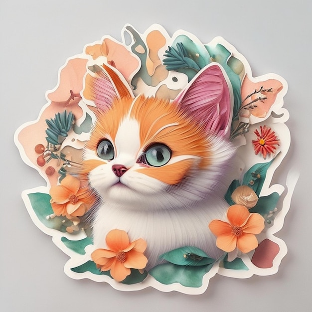 Un autocollant de chat une illustration détaillée une impression de vives têtes de chats mignons des fleurs de fantaisie éclaboussées