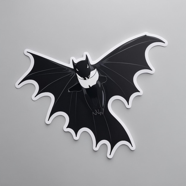 Un autocollant de chauve-souris noir de dessin animé minimal posé sur un fond blanc éclatant