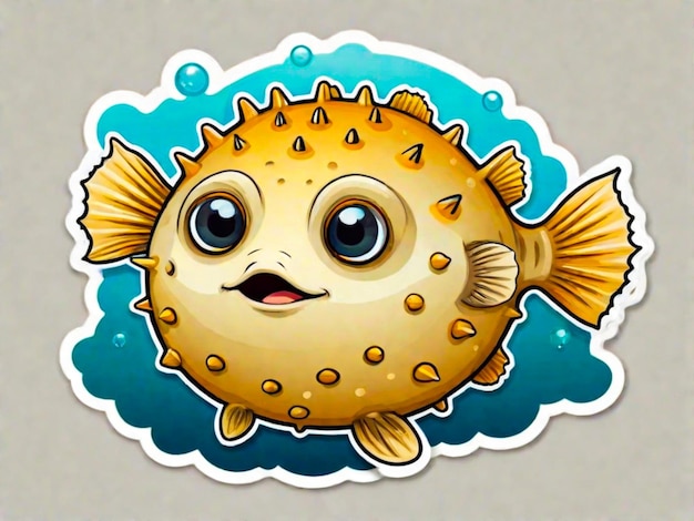 un autocollant de dessin animé de poisson-puffant mignon