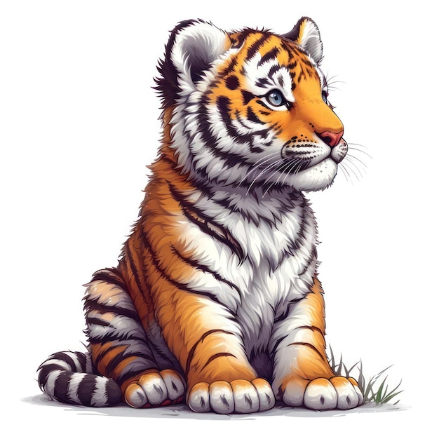 Photo l'autocollant du chiot de tigre est de style kawaii, avec une palette de couleurs pastel et des lignes élégantes.