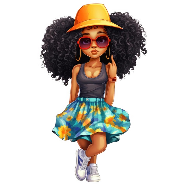 Photo autocollant d'une jolie fille afro dans des vêtements d'été urbains isolés sur fond blanc