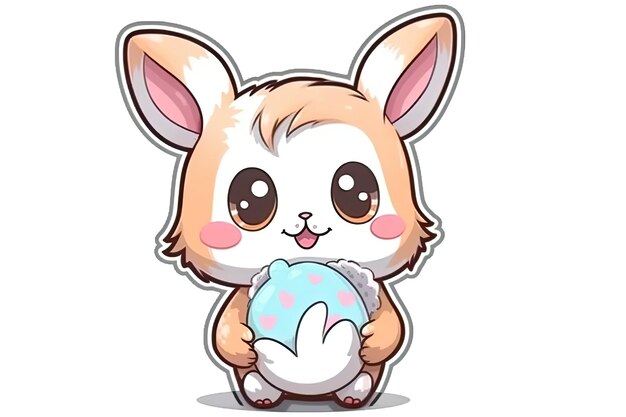 Autocollant kawaii lapin de Pâques dessin animé tenant un oeuf de Pâques contour de fond blanc généré par AI