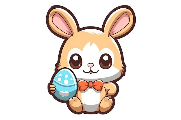 Autocollant kawaii lapin de Pâques dessin animé tenant un oeuf de Pâques contour de fond blanc généré par AI