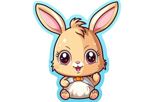 Autocollant kawaii lapin de Pâques dessin animé tenant un oeuf de Pâques contour de fond blanc généré par AI