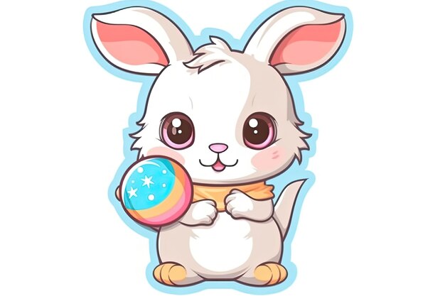 Autocollant kawaii lapin de Pâques dessin animé tenant un oeuf de Pâques contour de fond blanc généré par AI