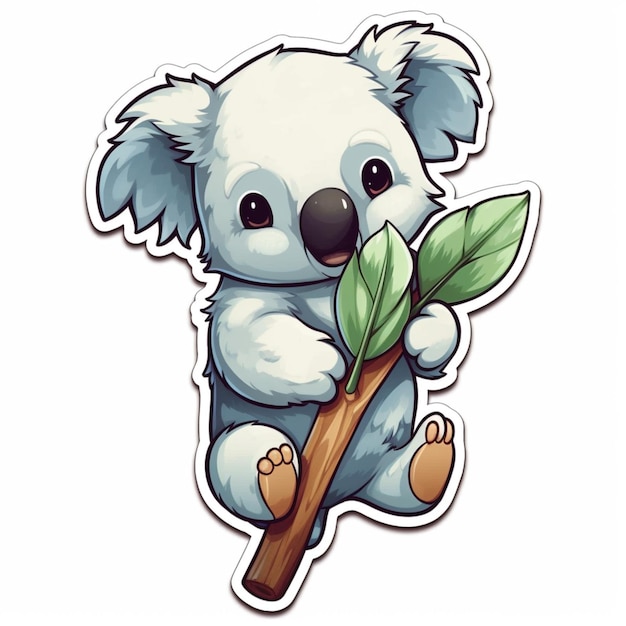 Un autocollant d'un koala avec des feuilles vertes dessus.