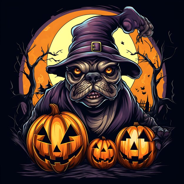 Autocollant logo t-shirt Halloween avec citrouille boo Bulldog sorcière lune chauve-souris balai