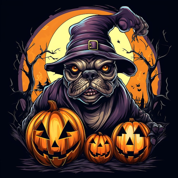 Autocollant logo t-shirt Halloween avec citrouille boo Bulldog sorcière lune chauve-souris balai