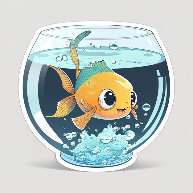 Un autocollant d'un poisson dans un petit aquarium avec un visage dessus.