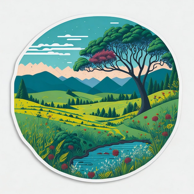 Un autocollant représentant un paysage naturel serein avec un arbre aux fleurs colorées et vibrantes.