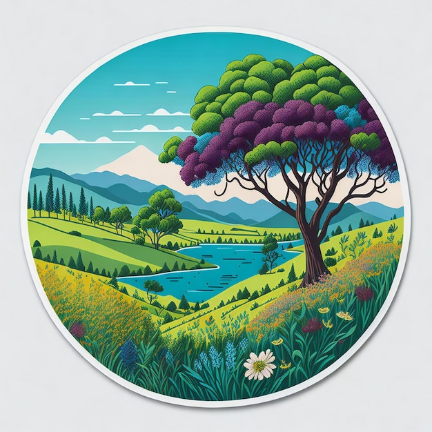 Photo un autocollant représentant un paysage naturel serein avec un arbre aux fleurs colorées et vibrantes.
