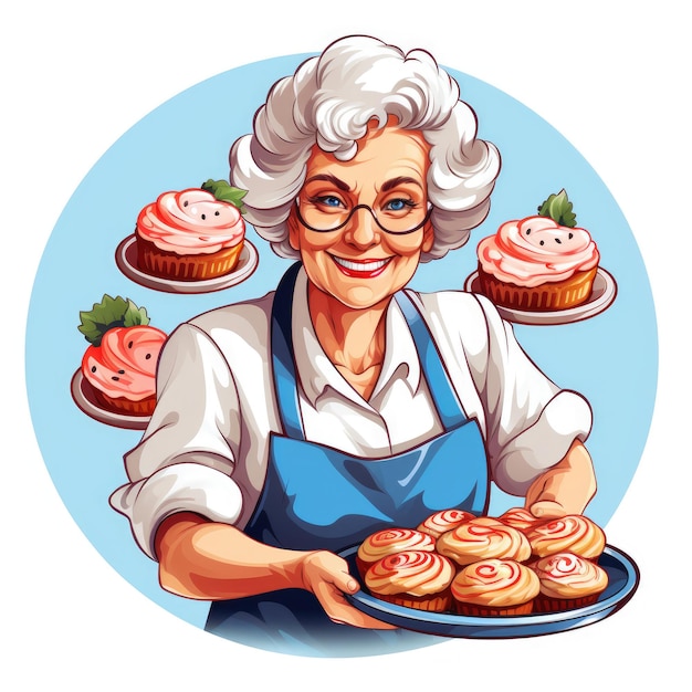 Un autocollant d'une sympathique vieille dame qui fait de la pâtisserie