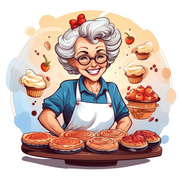 Un autocollant d'une sympathique vieille dame qui fait de la pâtisserie