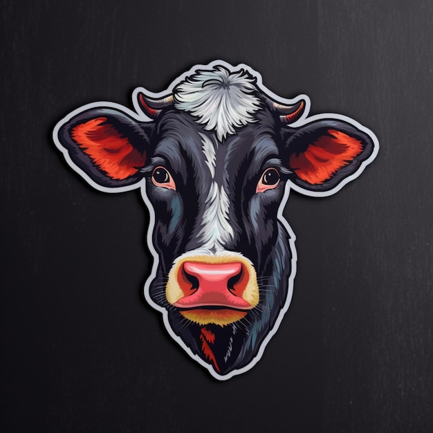 Un autocollant d'une vache avec un nez rose est sur un fond noir.