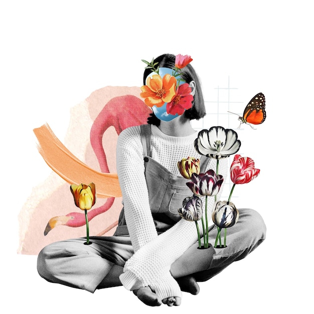 Autocollant à visage floral surréaliste d'évasion d'un fond transparent