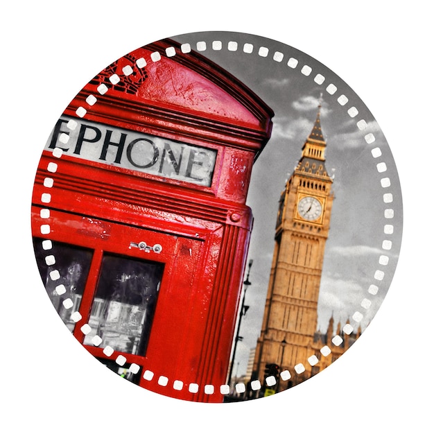 Photo autocollant de voyage ou insigne de big ben et cabine téléphonique rouge à londres au royaume-uni