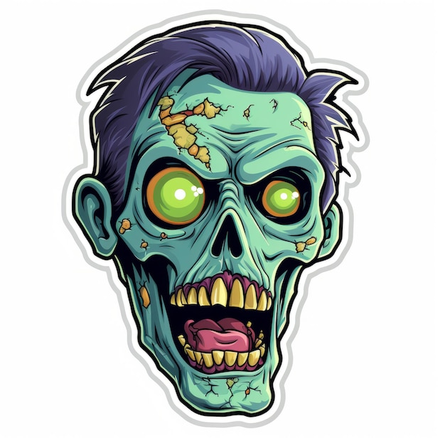 Autocollant zombie dessin animé avec des yeux verts et un visage souriant rouge
