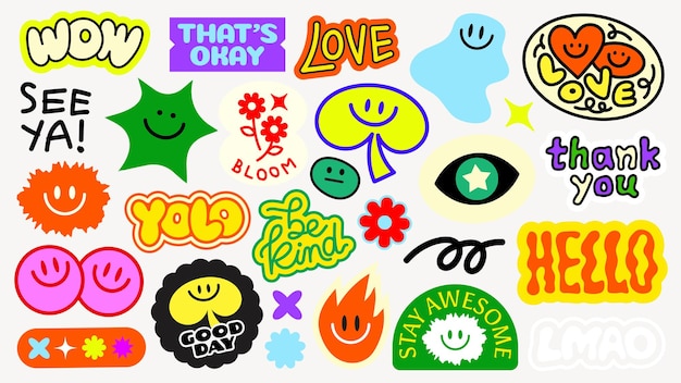Des autocollants colorés avec des phrases comme 39love39 39hello39 39YOLO39 et 39be kind39 Des visages et des étoiles souriants Des dessins d' autocollants vivants, ludiques et amusants