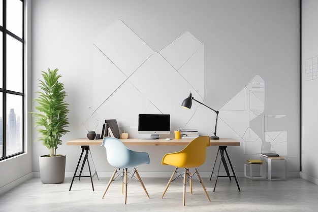 Photo des autocollants géométriques sur le mur dans une maquette de bureau de démarrage technologique avec un espace blanc vide pour placer votre conception