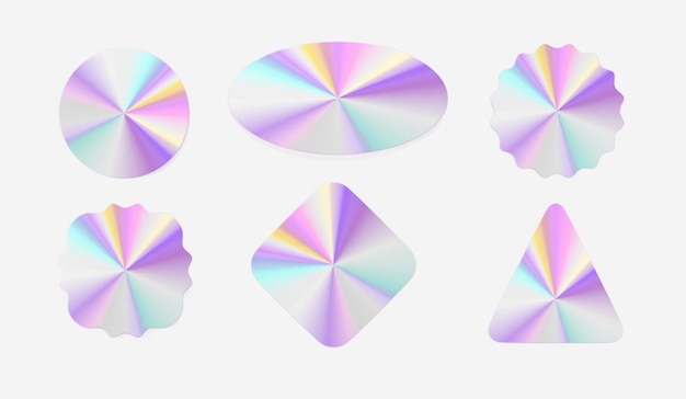 Autocollants holographiques étiquettes hologrammes de différentes formes rendu 3d Triangle ovale rond losange et ondulé avec texture dégradé argent violet irisé ensemble d'icônes en feuille brillante