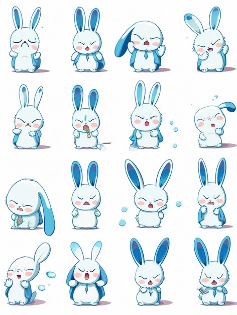 autocollants de lapin de dessin animé avec différentes expressions et expressions génératives ai