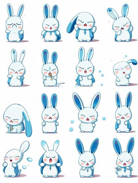 Photo autocollants de lapin de dessin animé avec différentes expressions et expressions génératives ai