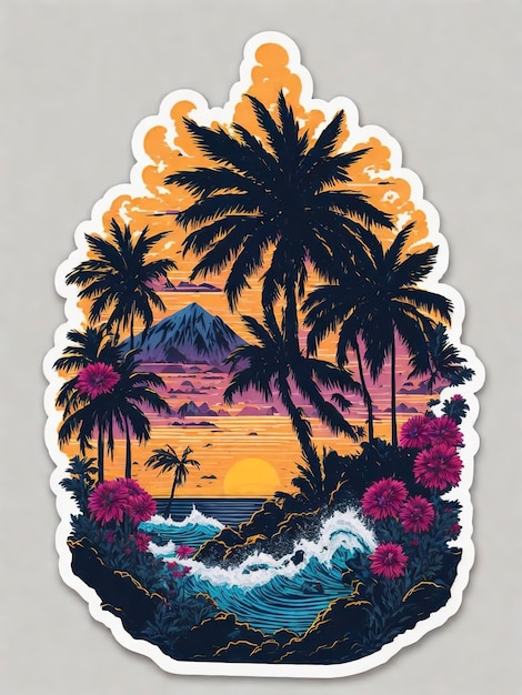 Autocollants de palmier, belles fleurs, montagnes et nuages de lever de soleil, grandes vagues d'océan, éclaboussures d'eau